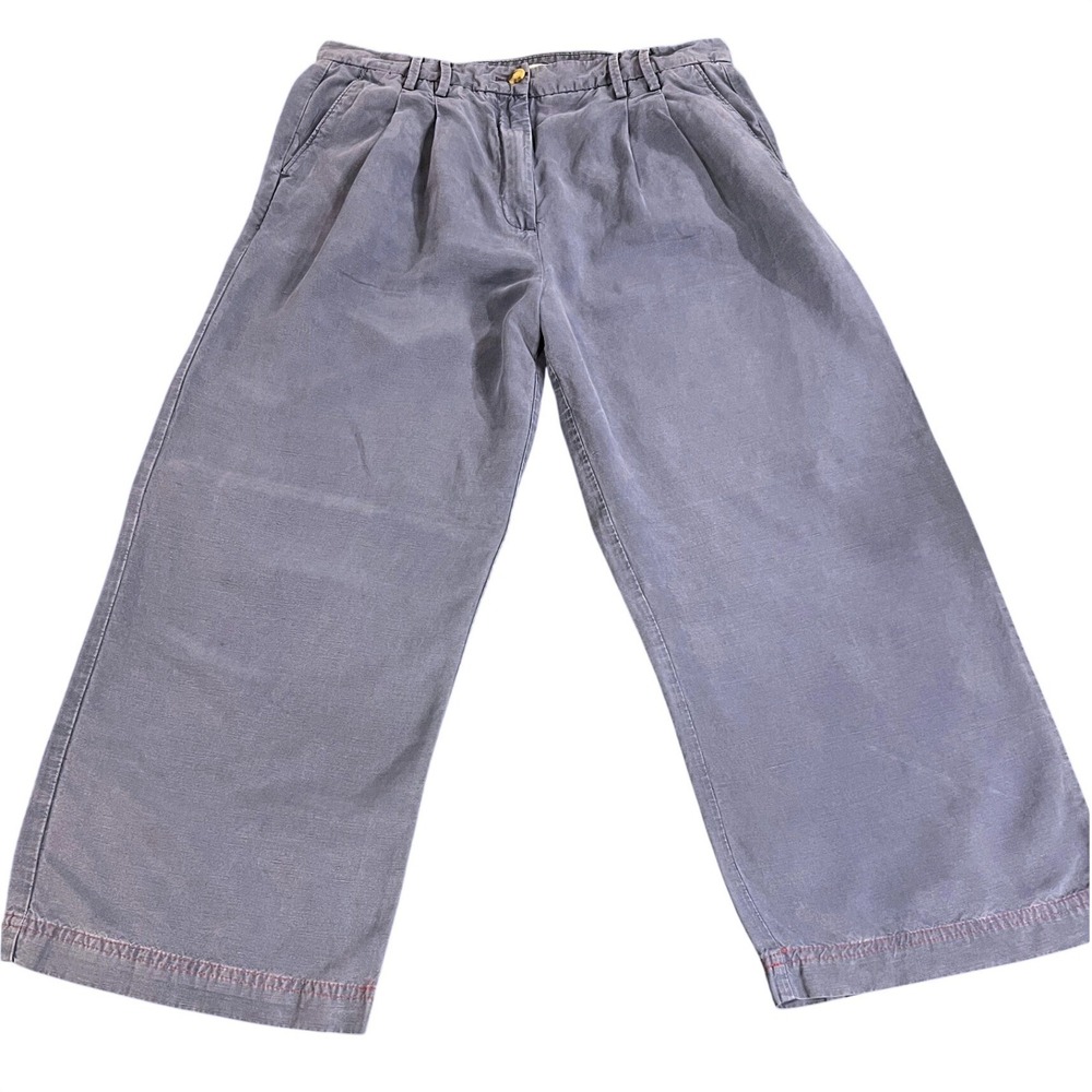 M&S Per Una Smokey Blue Linen Blend Wide Leg Palazzo Trousers Pants US 10 Long